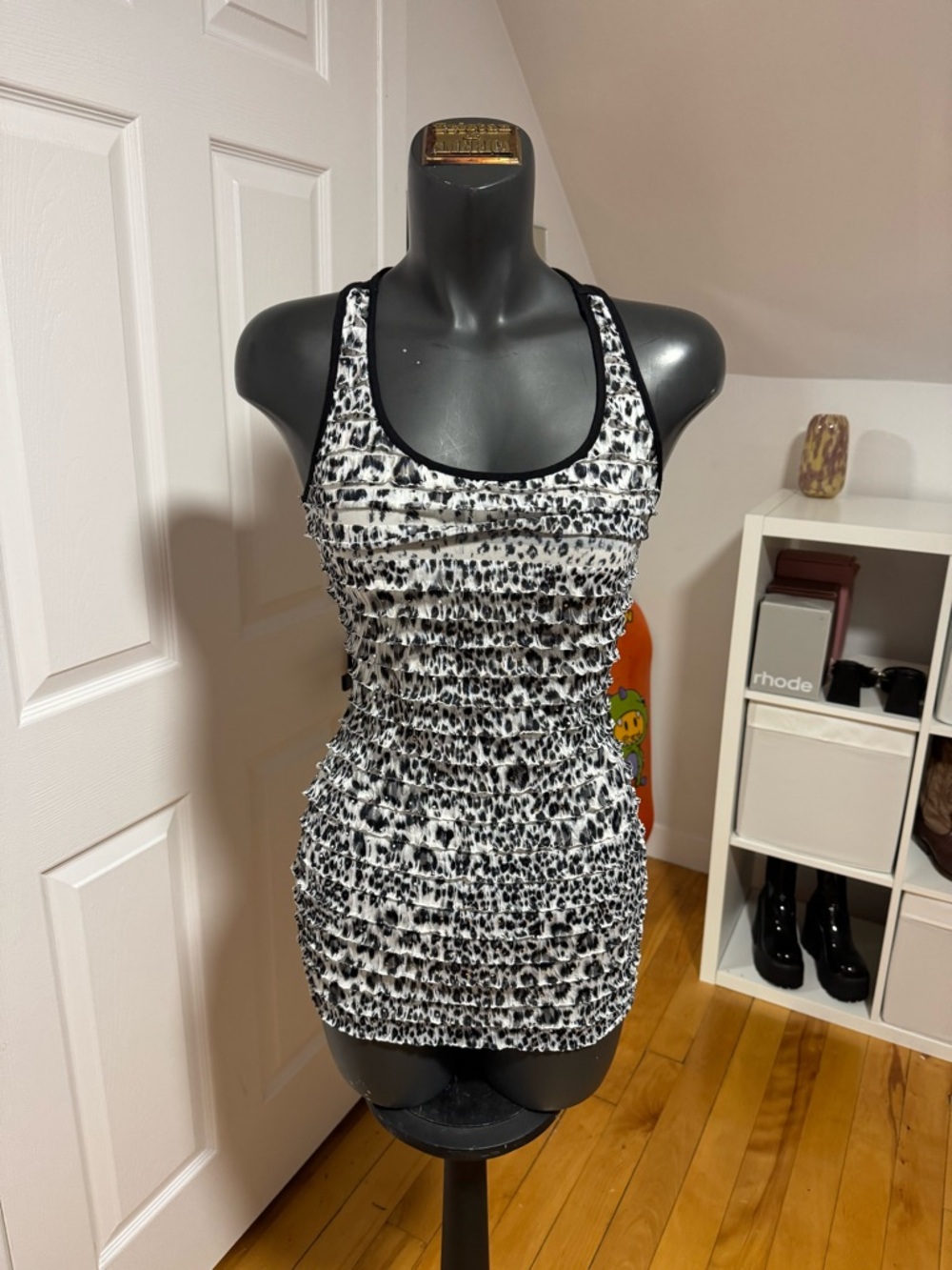Black & White Leopard Ruched Tank Dress